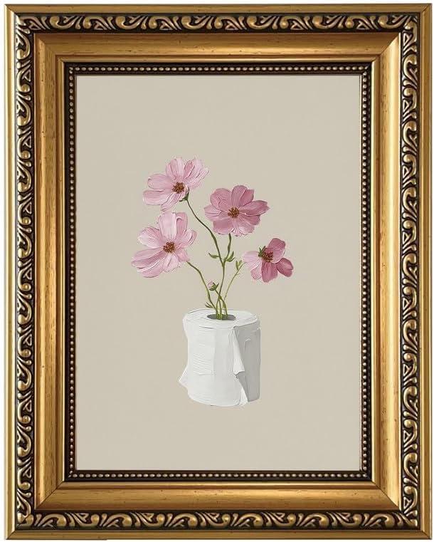 Vintage Gold Framed Wall Art Funny Bathroom Canvas Wall Art Toilet Paper Botanical Print Floral Artwork Minimal Plant Picture Bathroom Wall Decor for Guest Restroom 16x24 Inch