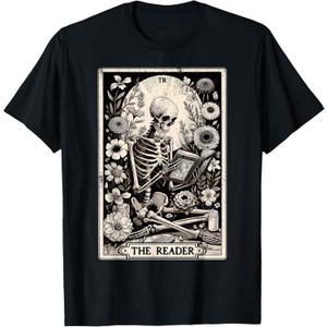The Reader Tarot Card Funny Book Lover Skeleton Reading Book T-Shirt L