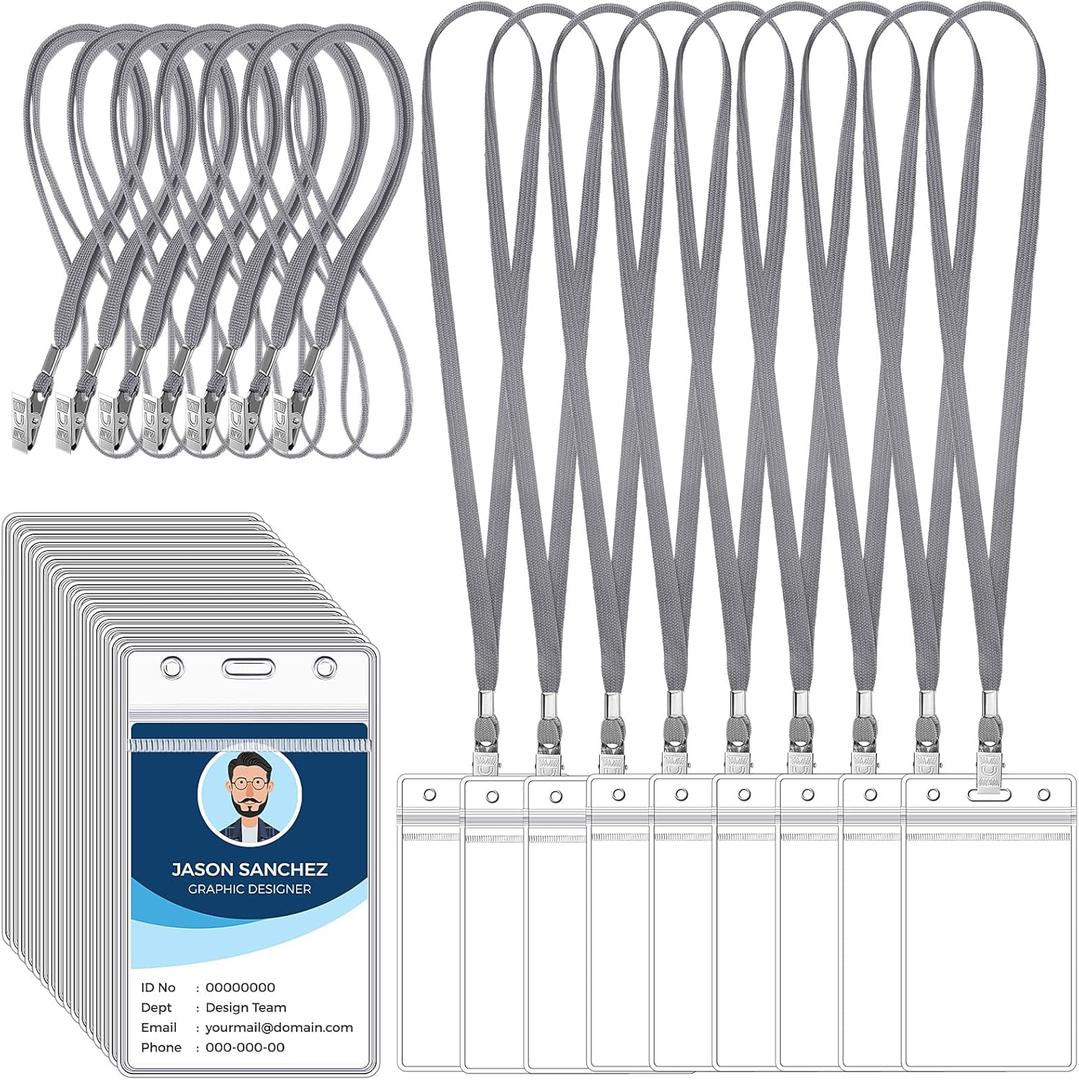 Marspark 100 Pcs Name Tag Lanyards with ID Holder Lanyards for ID Badges Resealable Flat Neck Name Tag with Clip Waterproof Plastic Clear Badges Bulk for School Office Supplies (Gray)