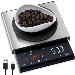 Coffee Scale with Timer, 0.1g High Precision Espresso Scale, Pour Over Coffee Weight Scale Rechargeable Coffee Scale for Espresso with Color LED Display, Touch Sensor, Silicone Cover (3 kg - Normal Size)