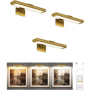 EZVALO Picture Light for Wall, Rechargeable 2400mAh Battery Lights Wireless Remote, 3 Color & Dimmable Magnetic 7.87'' LED Lights Display for Painting, Living Room, Gallery, Bedroom(Gold-3P)