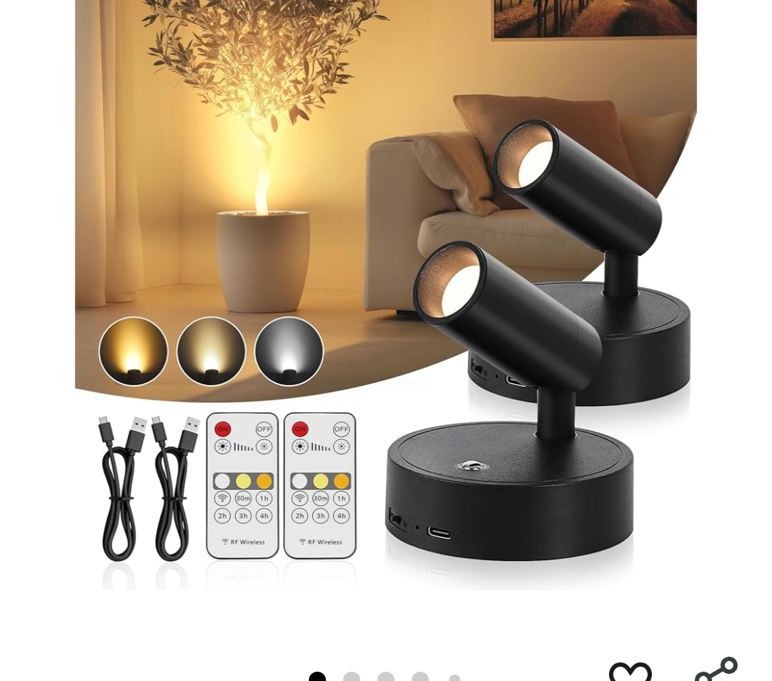 Spotlight Indoor, Wireless Uplighting Indoor with Remote Dimmable, 350° Rotate, Battery Powered Ceiling Spotlight for Artwork Christmas Tree Plant Painting Picture Lights, 2 Pack