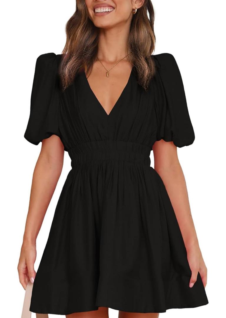 Women 2025 Summer Mini Dress Puff Short Sleeve Sexy V Neck A Line Elastic High Waist Flowy Swing Dresses, L