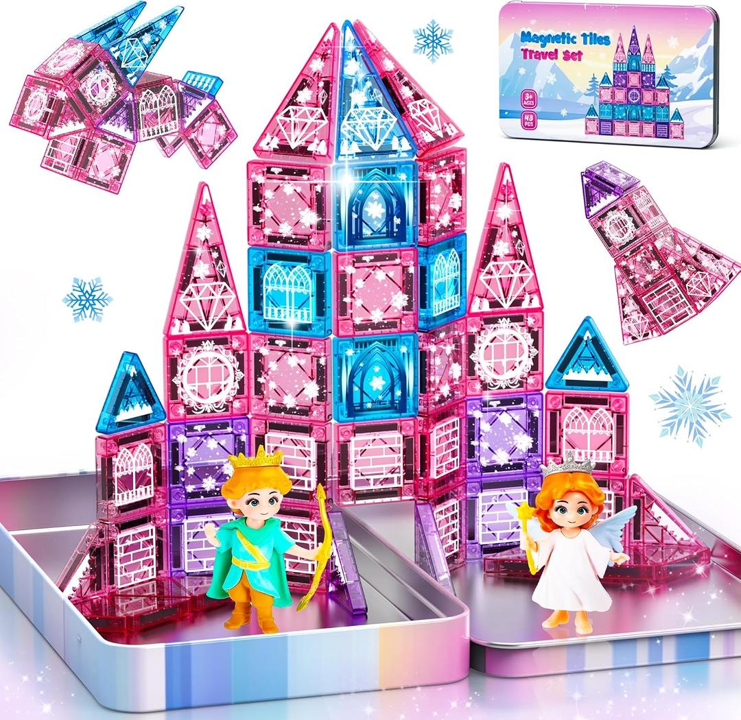 Magnetic Tiles Princess Toys, Princess Castle Travel Magnetic Blocks with Metal Box & 2 Dolls, Mini Magnet Tiles for Girls Pretend Play, Magnet STEM Sensory Gifts for Toddlers 3-5 4-8 8-12 Years Old