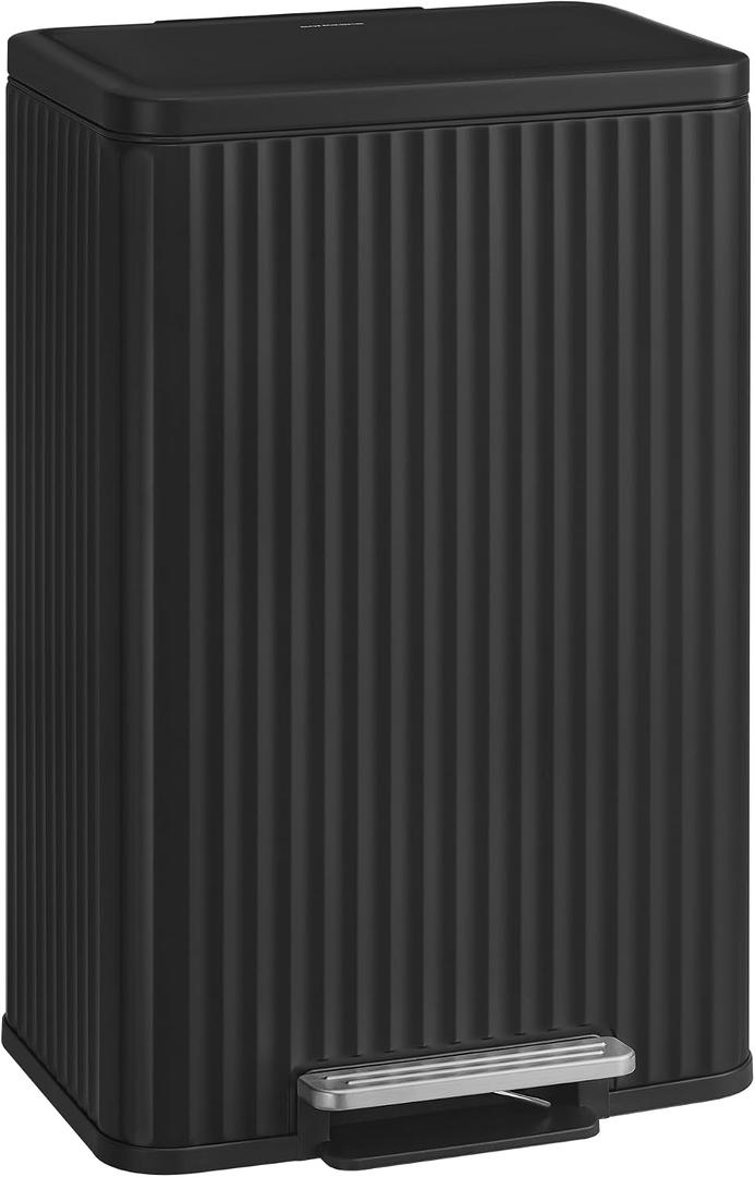 SONGMICS Trash Can, 13 Gallon (50 L) Garbage Can for Kitchen, with Lid, Pedal, and Removable Inner Bucket, Soft Close, Stainless Steel, 15 Trash Bags (Code K) Included, Ink Black ULTB586BZ01