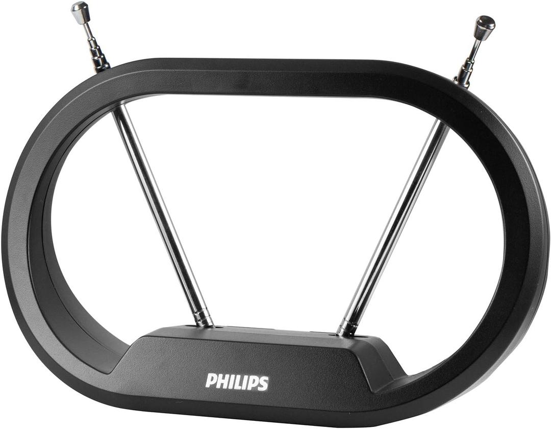 Philips Indoor TV Antenna Rabbit Ears for Local Channels, 15 Inch Extendable Dipoles, 4K 1080P VHF UHF, Tabletop Antenna, Digital HDTV Antenna, Smart TV, 4ft Coaxial Cable, Black, SDV7114A/27