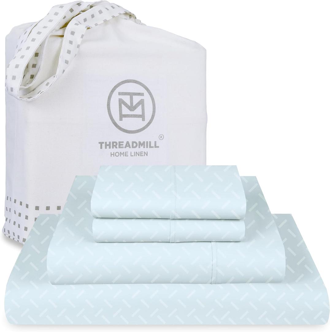 Threadmill Cotton Full Size Sheet Set | 100% Cotton Sheets for Full Size Bed | Damask Jacquard Full Bed Sheets Set with 16 Deep Pocket | Soft Sateen Weave 4-Piece Cooling Bedding Set | Blue (Light Blue Astra)