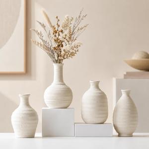 White Textured Ceramic Vases Set of 4, Small Rustic Pottery Vases for Dried Flowers, Minimalist Farmhouse Decorative Bud Vases for Table Shelf Living Room Home Decor