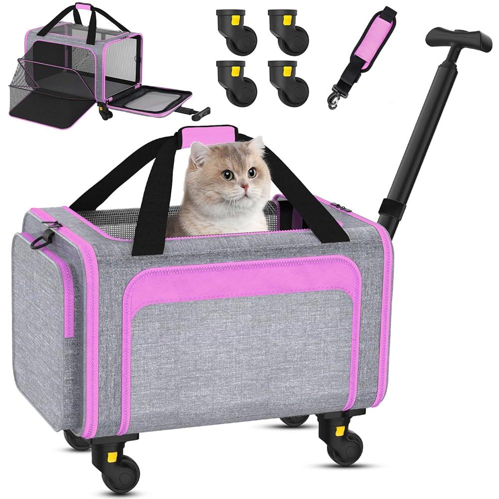 Pet Carrier Airline Approved, Expandable Pet Cat Carriers with Wheels for Dogs, Airline Approved Cat Dog Carrier, TSA Approved Pet Carrier In Cabin, Pet Dog Cat Carrier Soft, Cat Travel Carriers Pink