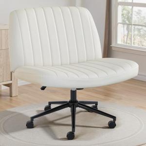 OLIXIS Criss Cross Chair with Wheels Wide Cross Legged Office Desk Vanity Chair Comfy Fabric Armless Adjustable Swivel for Home Computer Task PU Beige