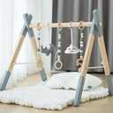 Wooden Foldable Baby Play Gym Frame Activity Hanging Bar With 5 Toys - Natural for Newborn (Grey)
