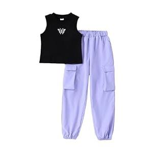 YOURUIKEY Tween Teen Girls Trendy Preppy Clothes Kids Spring Summer Outfits Sleeveless Tank Crop Top Cargo Pants Clothing Set Size 15-16