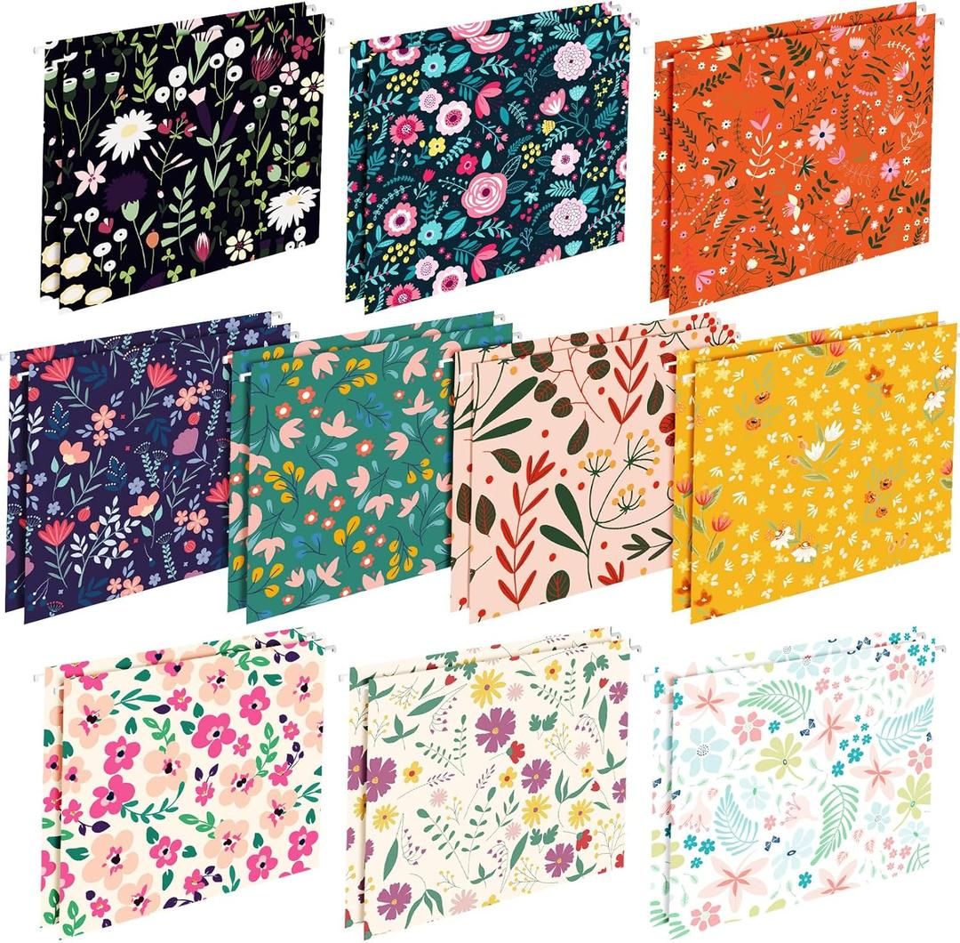 Qeeenar 20 Pcs Decorative Hanging File Folders Letter Size Cute File Folders Designer Floral File Folders Colored File Folder Organizer for Filing Cabinet Office Home with 1/5 Cut Adjustable Tabs