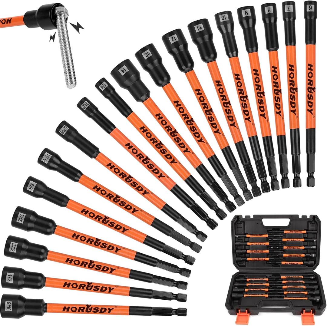 HORUSDY 18Pcs Nut Driver Set SAE and Metric, Impact Magnetic Nut Driver for impact drill, 6 Inch Extra Long Nut Drivers, Cr-V Steel 1/4" Hex Shank Quick Change, with Storage Case
