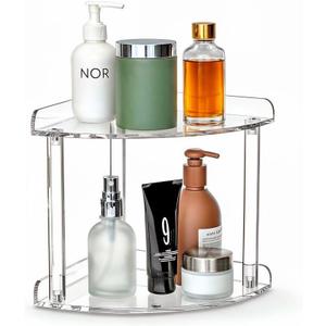 2 Tier Clear Acrylic Bathroom Corner Organizer, Countertop Vanity Tray for Makeup, Cosmetics, Perfume - Freestanding Storage Shelf for Bathroom, Bedroom, Kitchen