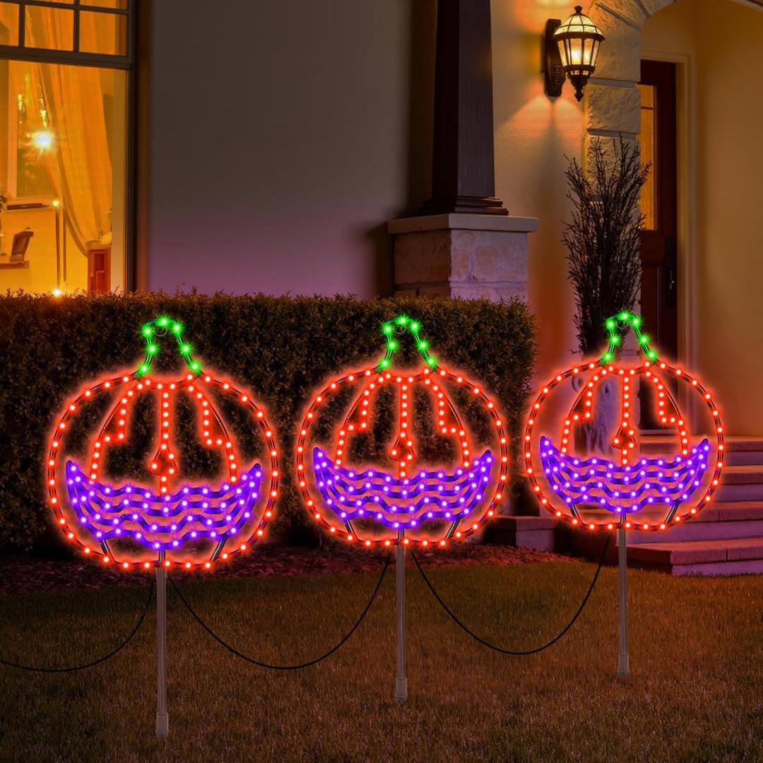 Halloween Lighted Pumpkin Lights 3 Pack, Hanging & Stakeable Lighted Pumpkins with 4 Light Modes & 6H Timer, Indoor & Outdoor Halloween Decor Yard Decorations Spooky Party Lighting