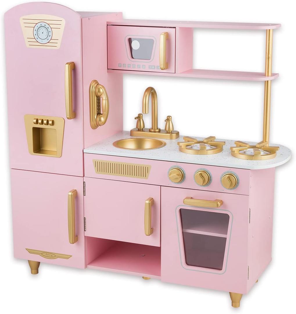 Kitchen Playset for Kids Ages 3-8, Wooden Pretend Play Kitchen, Including Telephone, Ice Maker, Refrigerator, Dimensions: 35 H x 31 W x 12 D (Pink)