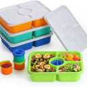 QQKO Bento Box Adult Lunch Box, Meal Prep Containers Reusable, Snack Containers for Kids, 4 Pack Stackable Food Storage With Lids, Sauce Cups, Bright Colors