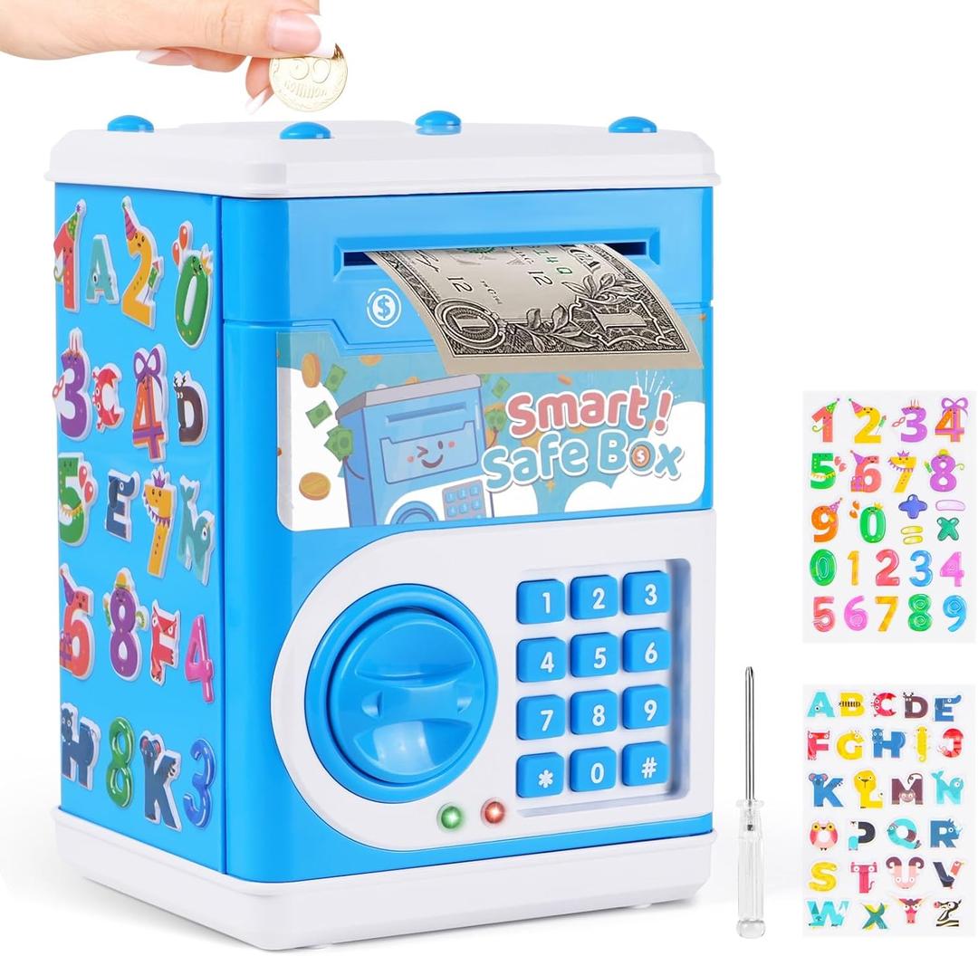 Piggy Bank for Kids, Electronic Mini ATM Bank with Password for Boys Girls, Money Saving Box with Auto Grab Bill Slot, Cash Coin Can Money Safe Toy, Birthday for Age 3-12, Blue, 5.3 x 7.9 x 5.5 inches