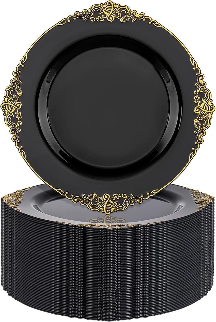 Nervure 100PCS Black Gold Plastic Plates - 7.5 inch Black Plastic Plates with Gold Rim - Disposable Dessert Plates for Wedding & Party