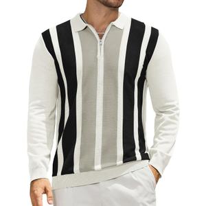 PRIVIMIX Mens Knit Striped Polo Shirts Long Sleeve Fashion Vintage Quarter Zip Pullover Casual Polo Sweater (L)