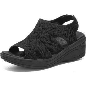 Womens Wedge Sandals Platform Walking Sandals Open Toe Ankle Elastic Strap Casual Comfortable Summer Dressy (6, Black)