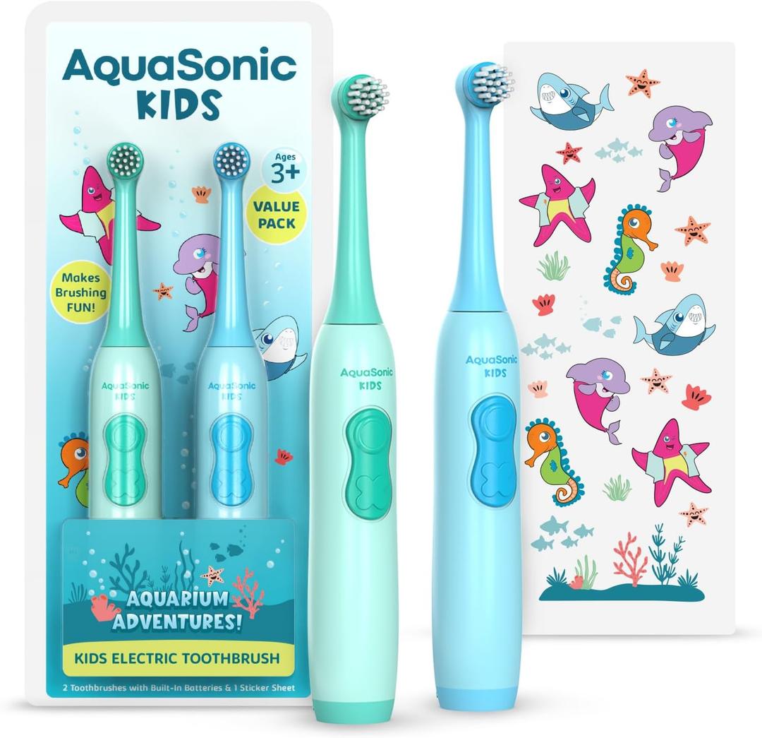 Aquasonic Kids Electric Toothbrush Set for Ages 3+ | Soft Bristles, Oscillating Brush Head, Built-in Battery | Aquarium Adventures
