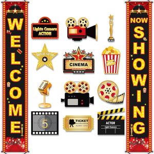 Movie Night Porch Sign Banner 12Pcs Movie Signs Cards for Home Film Backdrop Party Decoration Welcome Now Showing Door Hanging Banner Night Cutouts for Theater Photography Family Party Supplies