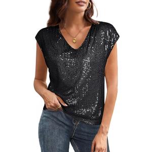 GRACE KARIN V Neck Sequin Short Sleeve Tops for Women Elastic Sparkly Tank Top for Party (Medium, Black)