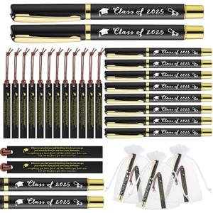 Spakon 30 Set 2025 Graduation Gift Pens Bookmarks Inspirational Class of 2025 Pens PU Leather Bookmarks Motivational End of School Gifts for Students Graduation School Party Book Lover(Black)