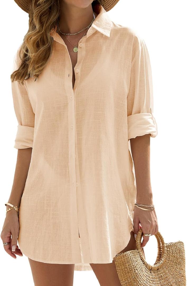 Swimsuit Coverup for Women Casual V Neck Bathing Suit Cover Ups Button Down Beach Bikini Swimwear Cover up Dress Shirt (Medium, Khaki)