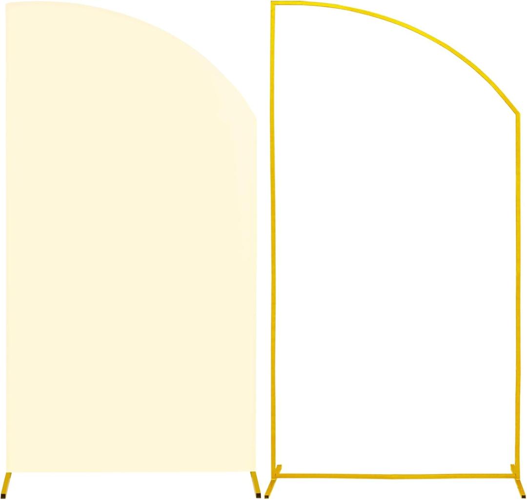 Metal Arch Backdrop Stand and Cover Set,1 Beige Spandex Fitted Arch Cover with 1 Gold Wedding Arched Stand Frame for Parties Birthday Baby Shower Bridal Banquet Decoration(6.6FTx3FT)
