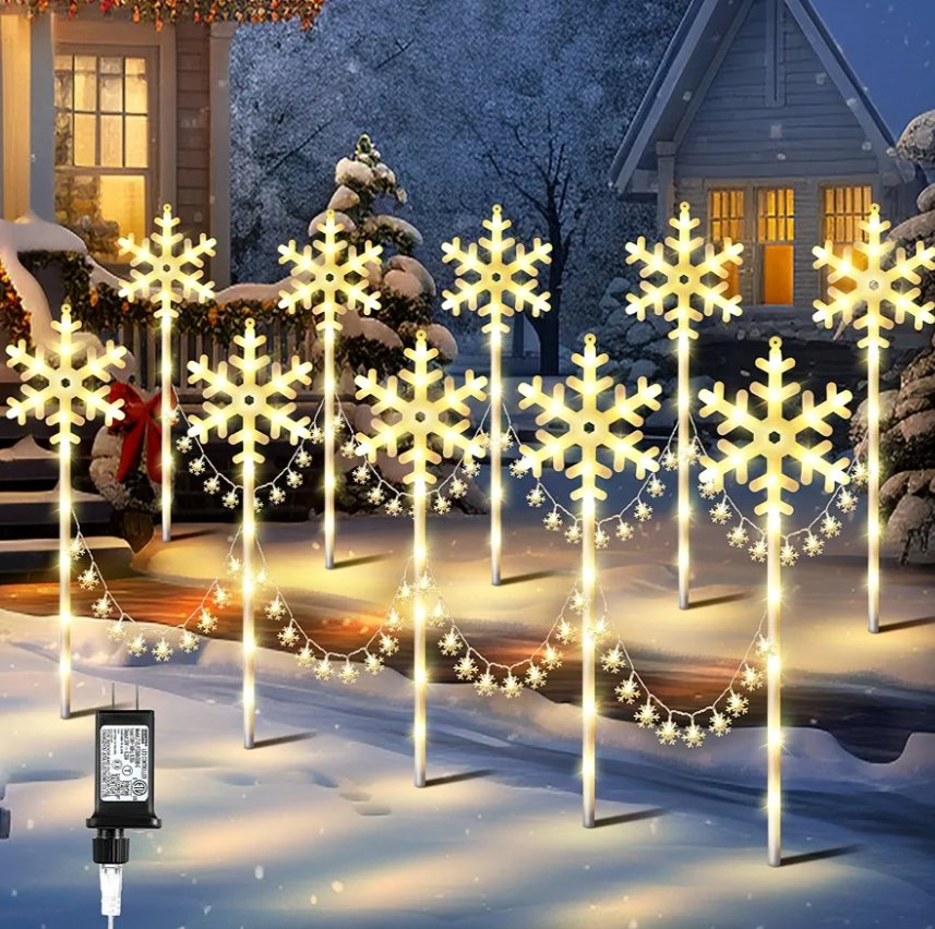 Enhon 10 Pack Snowflake Christmas Pathway Lights Outdoor, 8 Lighting Modes Waterproof Christmas Pathway Markers Lights with Timer for Xmas Walkway Patio Yard Lawn Outdoor Decorations(Warm White)