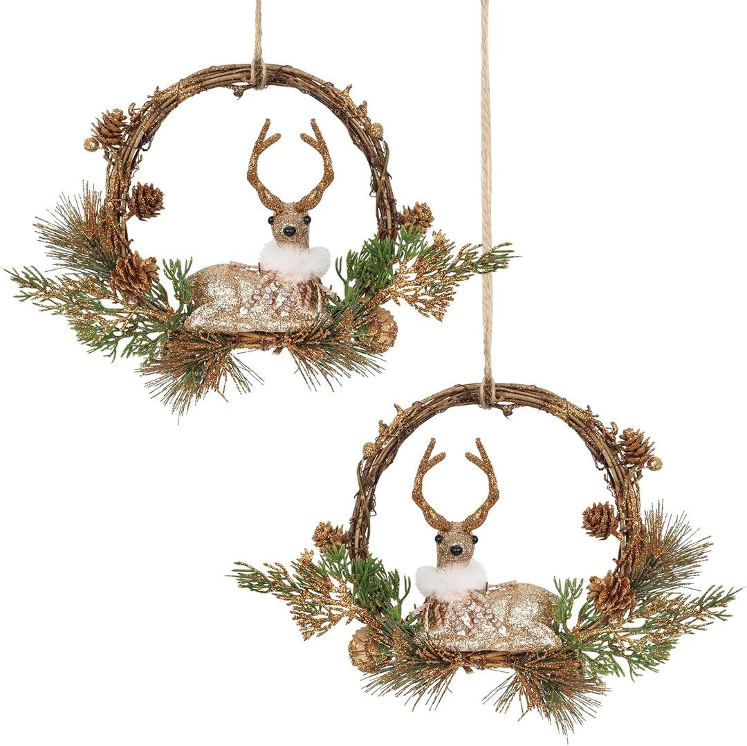 2pcs Small Christmas Wreaths for Front Door, 9-inch Mini Wreaths for Cabinets, Kitchen, Window, Golden Reindeer