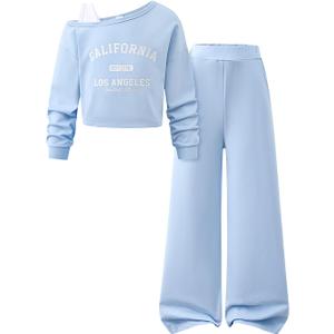 Tween Girls Clothes Off The Shoulder Sweatshirt and Wide Leg Sweatpants Sweatsuit Size 7-14 (Blue, S)