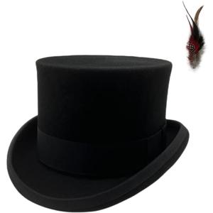 Willheoy Wool Top Hat for Men Satin Lined Topper Hat Black Men's Tall Tophat Christmas Costume Cap (Large)