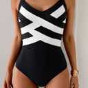 One Piece Swimsuit for Women Modest Full Coverage Bathing Suit Slimming Color Block V Neck Swimwear (Black, S)