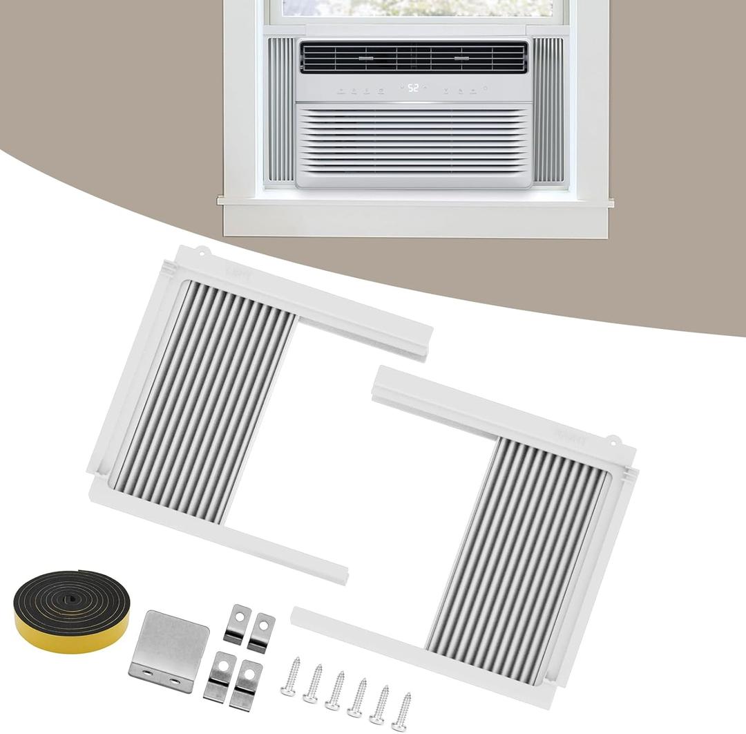 Window AC Side Panels with Frame Set, Fits Most 10,000 BTU UnitsAccordion Filler Curtain Replacement with Accessories for Window Air Conditioner Units, White