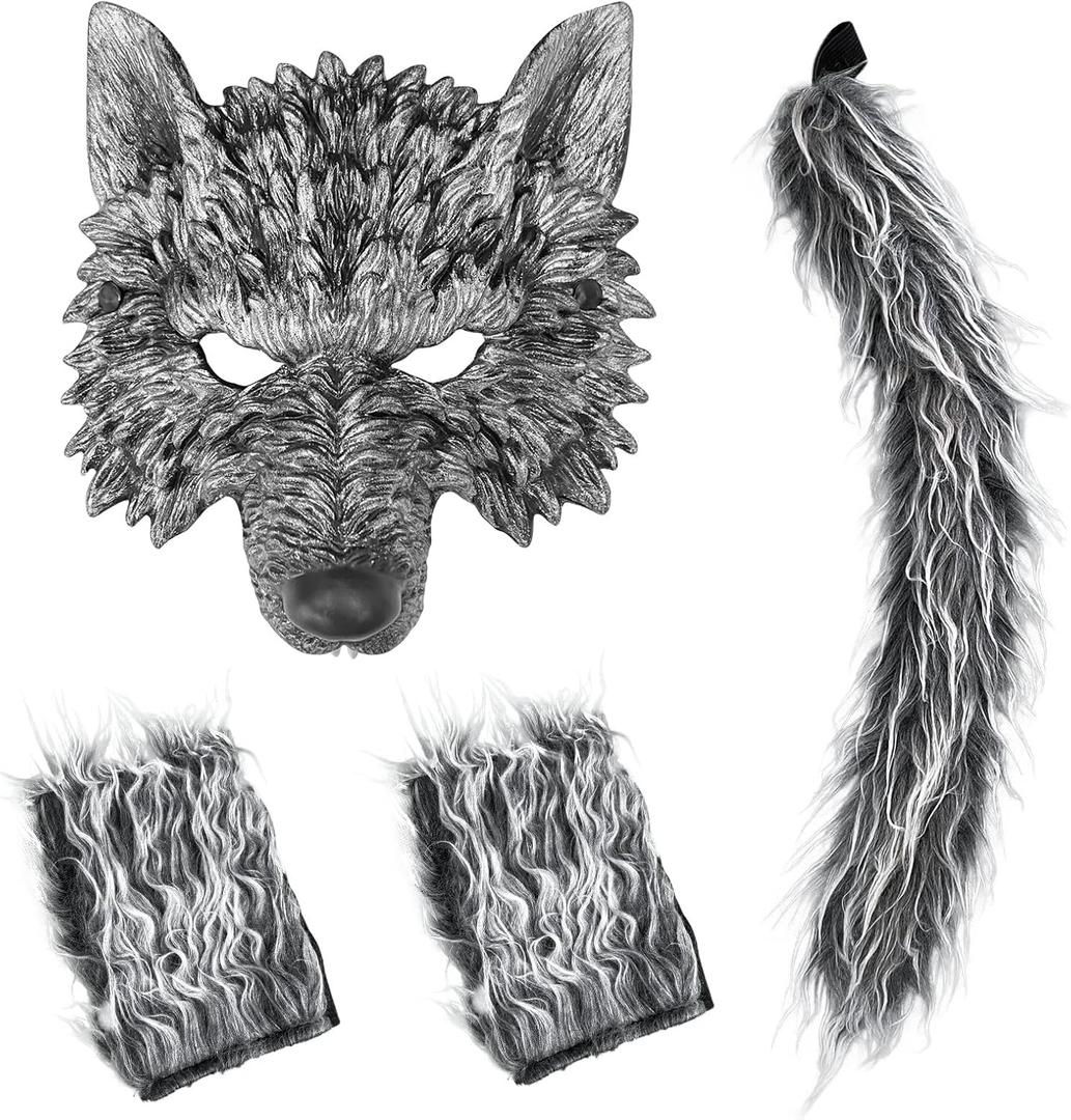 Wolf Mask with Tail and Gloves, Wolf Costume and Werewolf Mask for Mens Women Kids Halloween Party Dress Up, Cosplay (Grey)