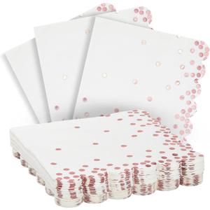 50 Pack Scalloped White & Rose Gold Napkins for Birthday, Wedding Decorations, Foil Polka Dotted for Holiday Party (3 Ply, 6.3 In Cocktail Napkins)