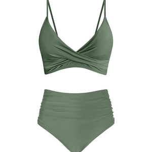 Amy Babe Women's High Waisted Bikini Sets Push Up Twist Front Spaghetti Straps Ruched Two Piece Swimsuit Bathing Suit, Olive, XL