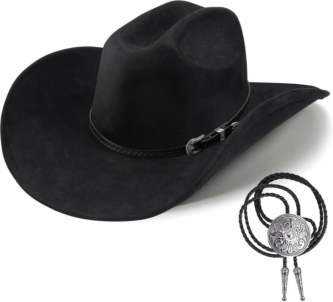 Western Cowboy Hat for Men Women,Shapeable Wide Brim Felt Fedora Classic Cowgirl Hats for Cowboys and Cowgirls,with bolo tie