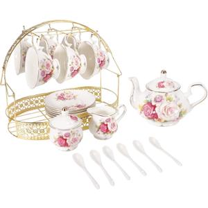 15 Piece European Ceramic Tea Sets,Bone China Coffee Set with Metal Holder,Colorful Rose Painting Pumpkin Coffee Tea Pot