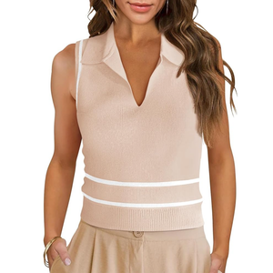 Saodimallsu Womens Sleeveless Cropped Sweater Vest V Neck Collared Color Block Y2k Crop Tank Top Summer Polo Shirts, Large, Apricot 