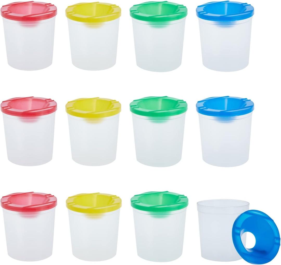 Juvale 12 Pack No Spill Paint Cups With Lids for Kids, Arts and Crafts Supplies for Classrooms (4 Colors, 3 x 3 In) - Paint Water Cup - No Mess Painting for Toddlers, 5.4 Ounces
