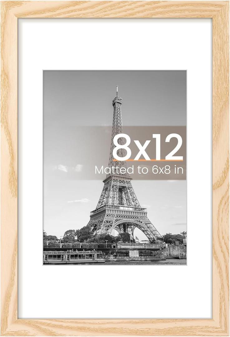 upsimples 8x12 Picture Frame, Display Pictures 6x8 with Mat or 8 x 12 Without, Wall Hanging Photo Frames, Natural, 1 Pack