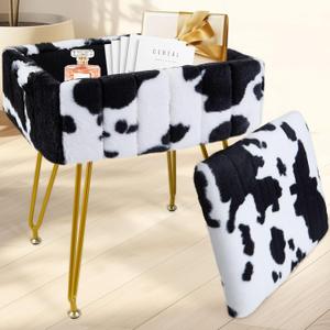 Vanity Stool with Storage, Vanity Chair with Metal Legs, Multifunctional Faux Fur Makeup Stool Footrest for Living Room Bedroom,Cow