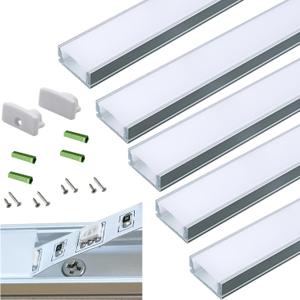 5-Pack Pre-Drilled Countersunk Hole 3.3FT/100CM LED Strip U Channel Diffuser, Hacksaw Easy Cut Flush Mounted Under Cabinet Tape Light Aluminum Track Low Profile with Mounting Spares