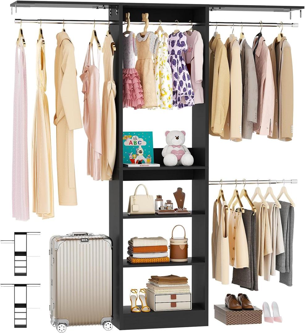 Besiost 48" Closet Organizer System, 4FT Closet System for Small Closets with 4 Hanging Rods & 3 Shelves, 80"H Small Closet Organizers and Storage for Bedrooms, Cloakrooms, Black
