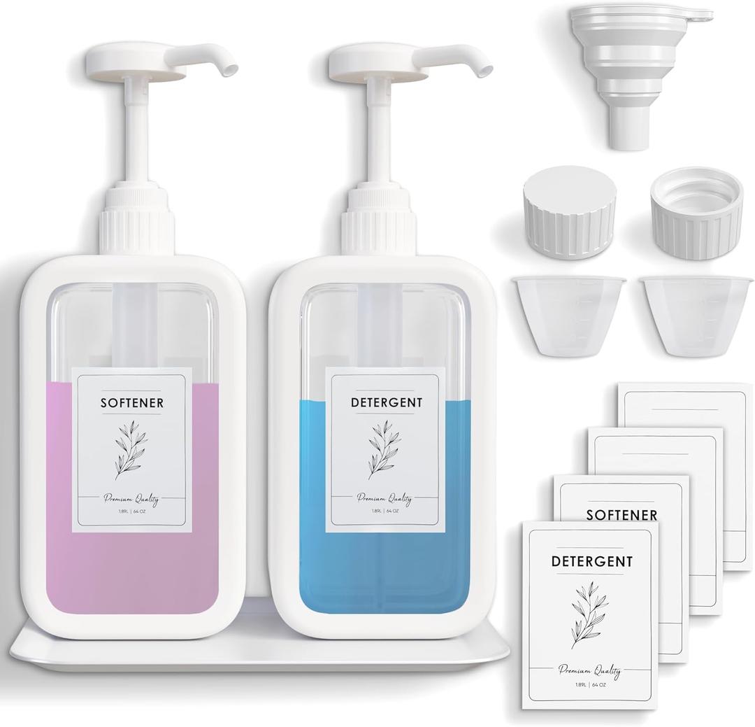 Cleaniverse Liquid Laundry Detergent Dispenser - 64oz Plastic Laundry Detergent Containers w/Labels, Funnel, & More - High Volume Laundry Detergent Pump Dispenser & Softener Storage for Laundry Room
